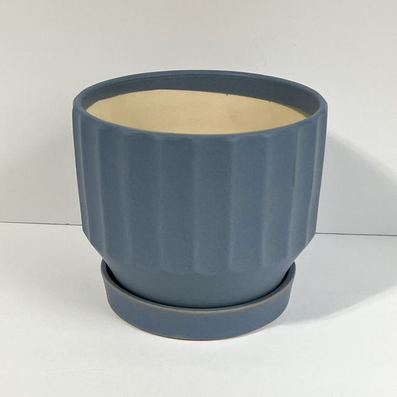 Bombay Ribbed Ceramic Planter 5.5” Drainage Hole Saucer Matte Blue Flower Pot - Picture 11 of 14